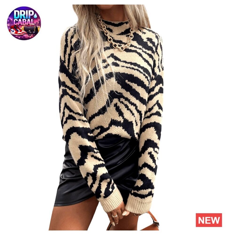 Zebra Print Sweater Mock Neck Chunky Knit Pullover Cozy Fall Trendy Oversized